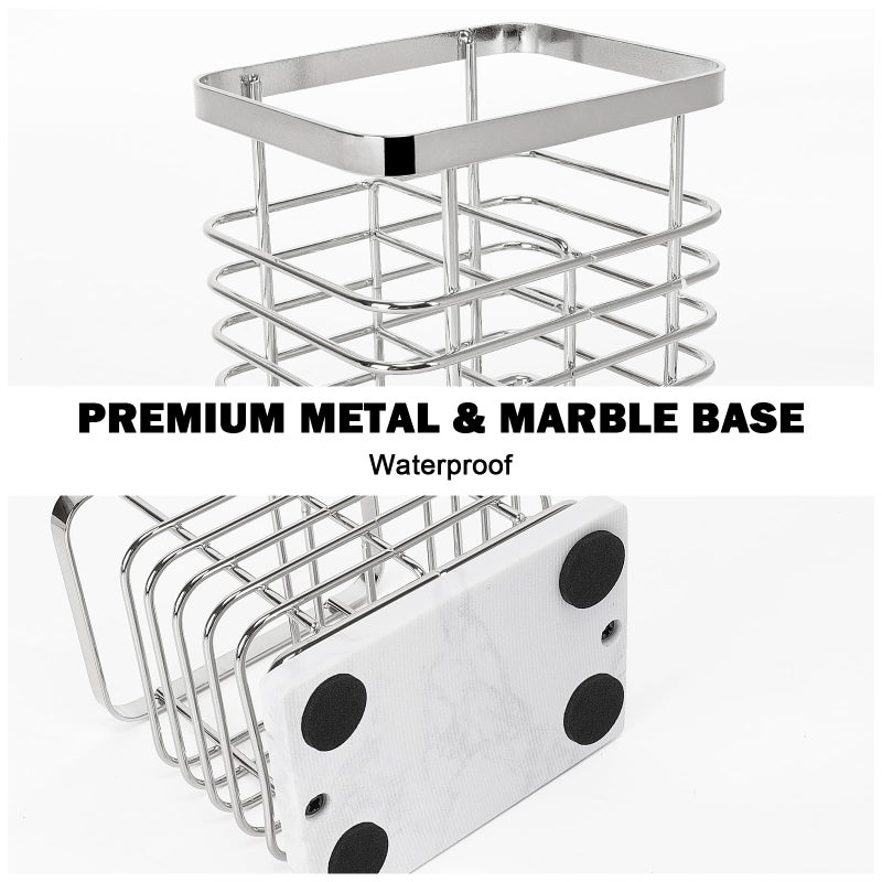 HarJue Toothbrush Holder  Luxurious Metal Toothbrush Toothpaste Holder for Bathroom  Multi-Slots Openwork Design  Bathroom Accessory for Storage and Organizer (Marble Base-2 Slots  Chrome) - Image 4